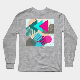 Modern Geometric Pattern Vibrant Aqua Hot Pink Retro Style Long Sleeve T-Shirt